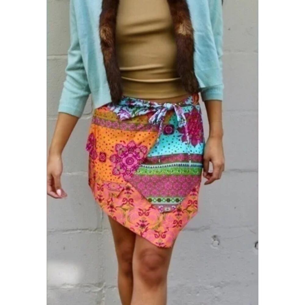 BECCA by Rebecca Patchwork Floral Sarong Wrap Skirt XS-S Beach Cover Up